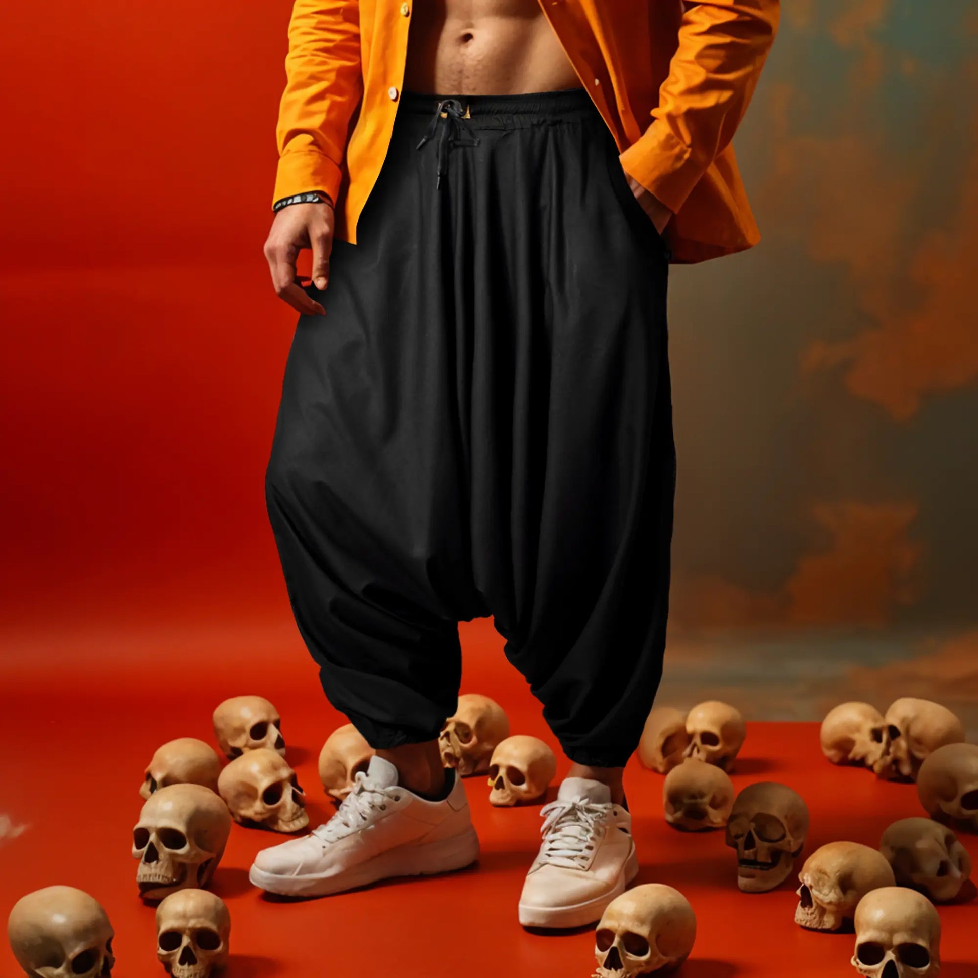 Dopehead Unisex Harem Pant with breathable fabric, customized fitting, side pockets, Boho Artist Vibe, available in all sizes—designed by Dopehead for bold urban style and everyday comfort. Dopehead Unisex Harem Pant styled for a streetwear look.