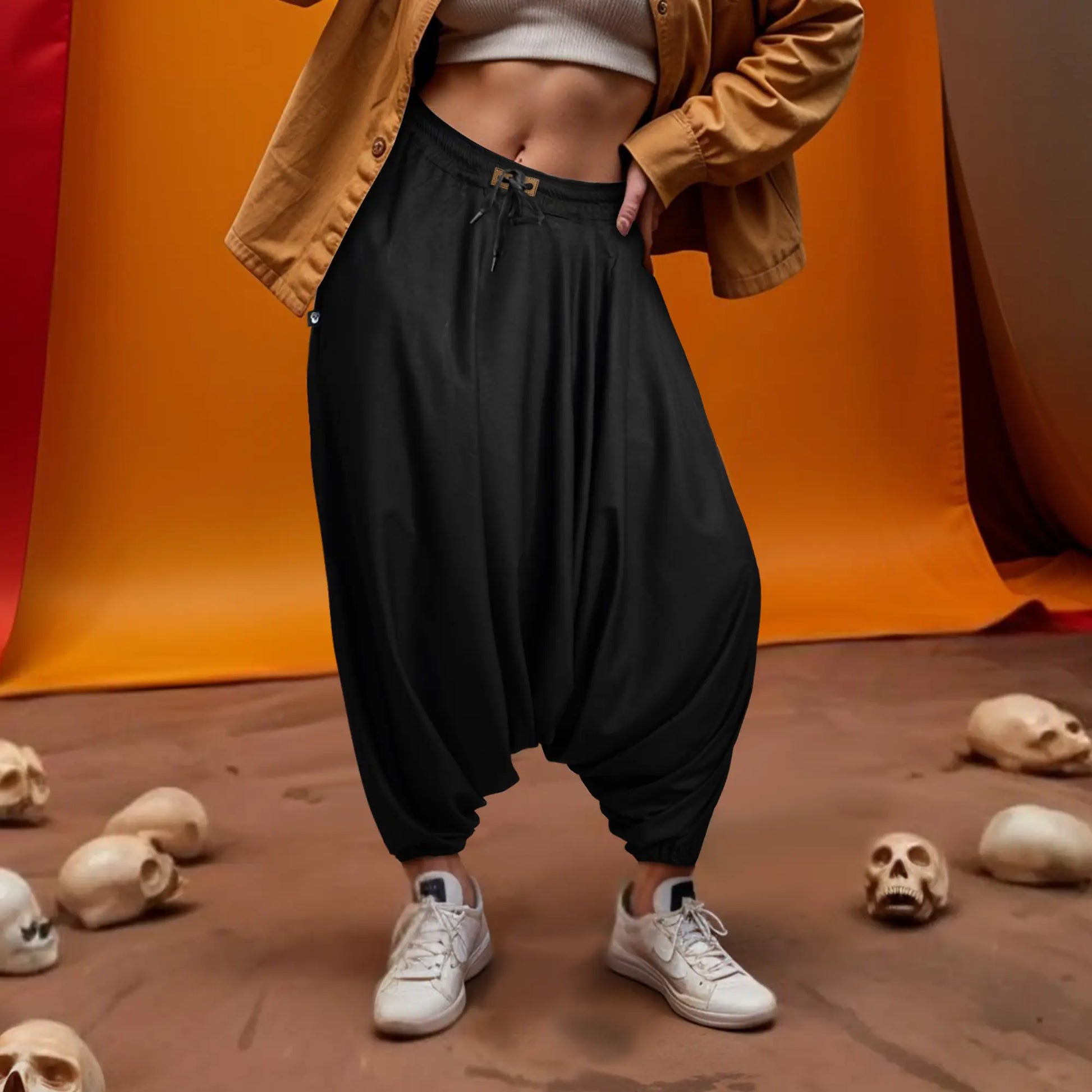 Dopehead Unisex Harem Pant with breathable fabric, customized fitting, side pockets, Boho Artist Vibe, available in all sizes—designed by Dopehead for bold urban style and everyday comfort. Dopehead Unisex Harem Pant styled for a streetwear look.