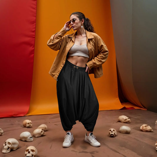 Dopehead Unisex Harem Pant with breathable fabric, customized fitting, side pockets, Boho Artist Vibe, available in all sizes—designed by Dopehead for bold urban style and everyday comfort. Dopehead Unisex Harem Pant styled for a streetwear look.