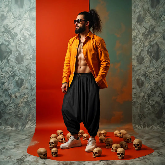 Dopehead Unisex Harem Pant with breathable fabric, customized fitting, side pockets, Boho Artist Vibe, available in all sizes—designed by Dopehead for bold urban style and everyday comfort. Dopehead Unisex Harem Pant styled for a streetwear look.